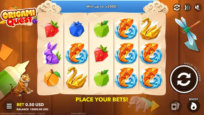 Origami Quest – játék képernyő tétpanellel és Boost gombbal